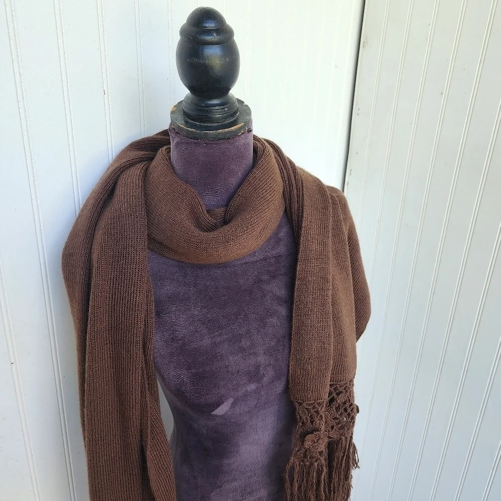 Neck Scarf Wrap Hand Crochet Cozy Brown Flowers Knit Detail Fringe 86